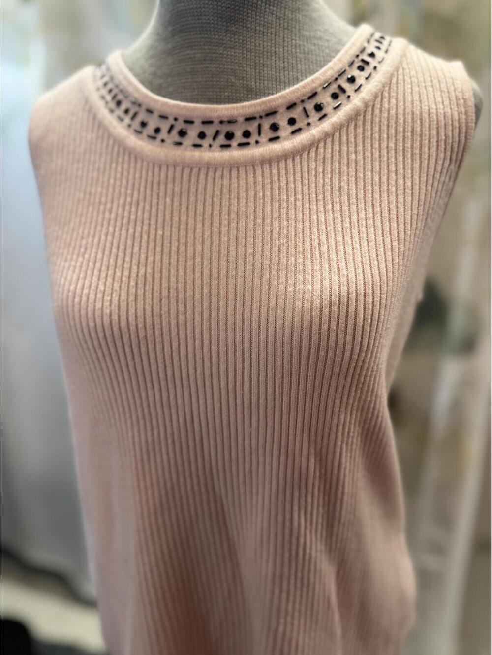 R.Q.T. Pink Ribbed Sleeveless Sweater Top with Beaded Neckline, Size M